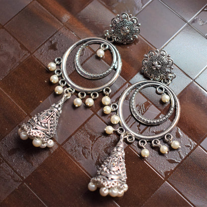 Silver Oxidised Chandbali Carved Funnel Jhumkis - GlitterGleam