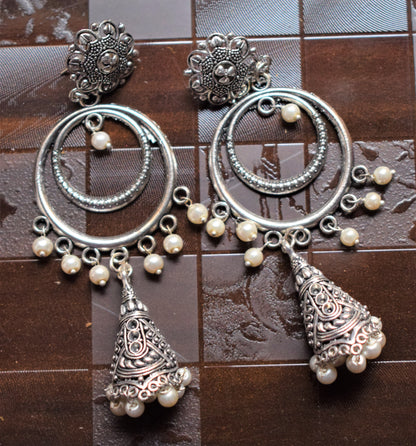 Silver Oxidised Chandbali Carved Funnel Jhumkis - GlitterGleam