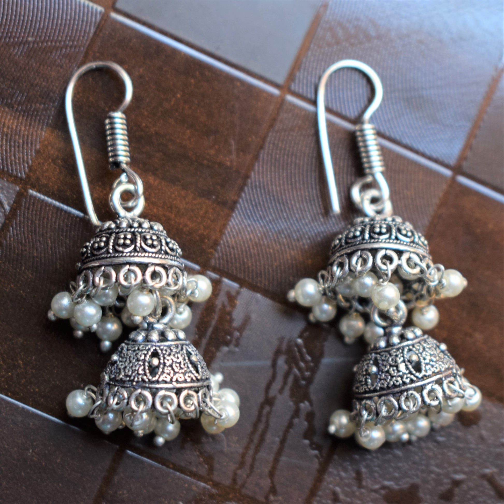 Silver Oxidized Layered Jhumki (Small Size) - GlitterGleam