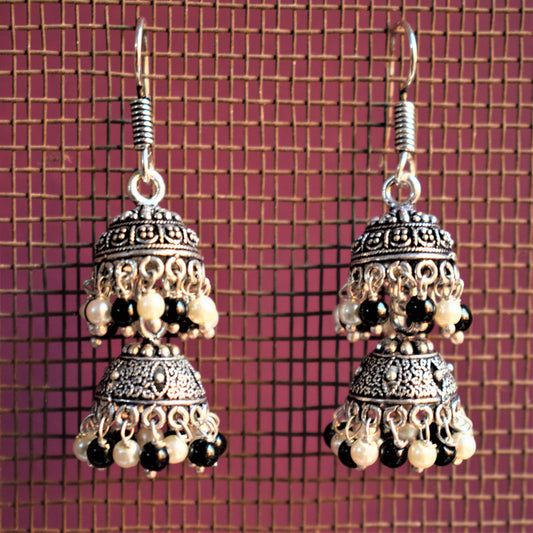 Silver Oxidized Layered Jhumki (Small Size) - GlitterGleam