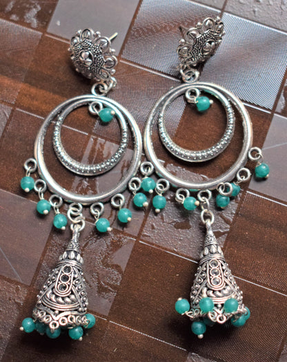Silver Oxidised Chandbali Carved Funnel Jhumkis - GlitterGleam