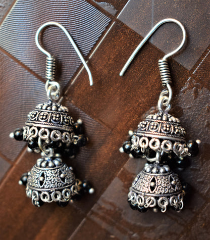 Silver Oxidized Layered Jhumki (Small Size) - GlitterGleam
