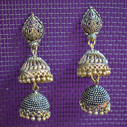 Golden Oxidised Layered Jhumki - GlitterGleam