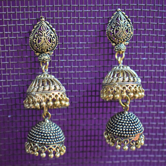 Golden Oxidised Layered Jhumki - GlitterGleam