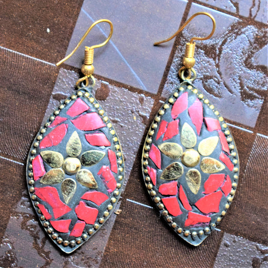 Red Spindle Shaped Tibetan Danglers - GlitterGleam