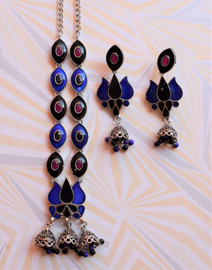 German Silver Lotus Eye Afghani Choker Necklace with Earrings - GlitterGleam