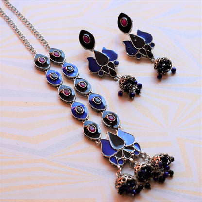German Silver Lotus Eye Afghani Choker Necklace with Earrings - GlitterGleam