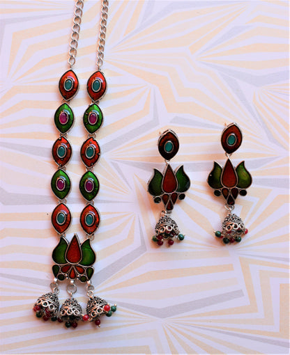 German Silver Lotus Eye Afghani Choker Necklace with Earrings - GlitterGleam