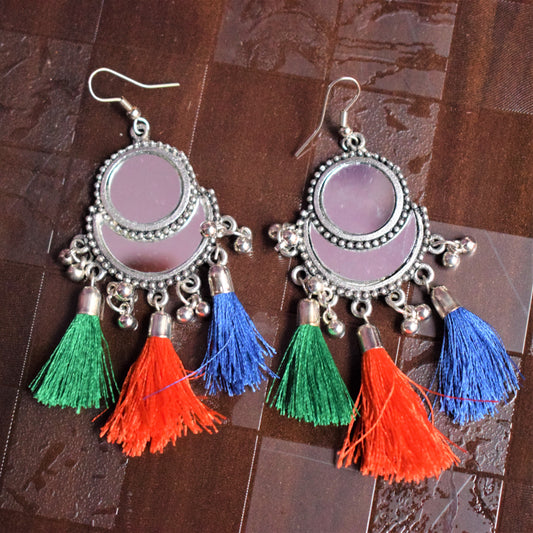 Multicolored Mirror Chandbali Tassel Earring - GlitterGleam