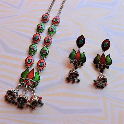 German Silver Lotus Eye Afghani Choker Necklace with Earrings - GlitterGleam