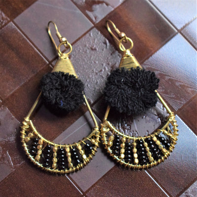 Black and Golden Metal Bead Pom-Pom Danglers - GlitterGleam