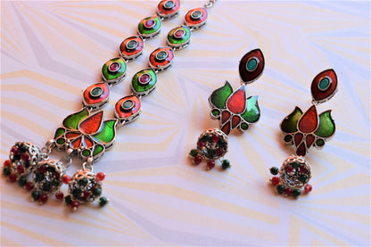 German Silver Lotus Eye Afghani Choker Necklace with Earrings - GlitterGleam