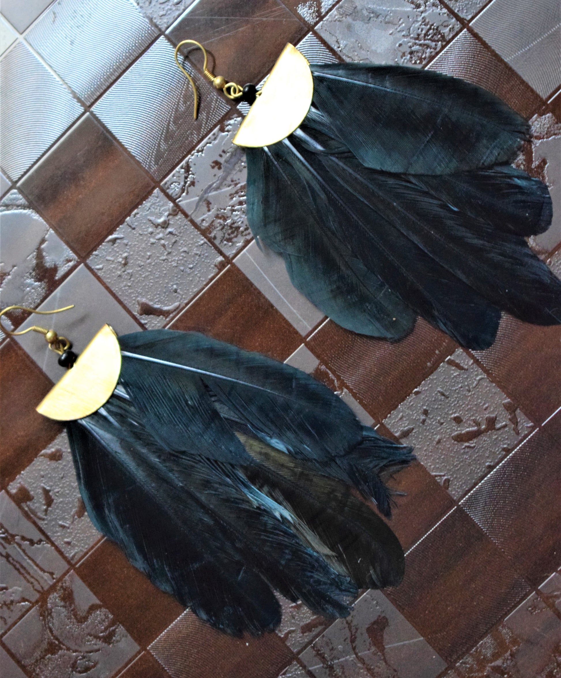 Black and Golden Feather Danglers - GlitterGleam