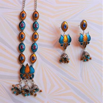 German Silver Lotus Eye Afghani Choker Necklace with Earrings - GlitterGleam