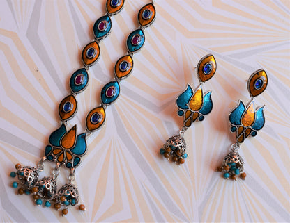German Silver Lotus Eye Afghani Choker Necklace with Earrings - GlitterGleam