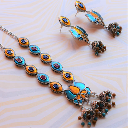 German Silver Lotus Eye Afghani Choker Necklace with Earrings - GlitterGleam