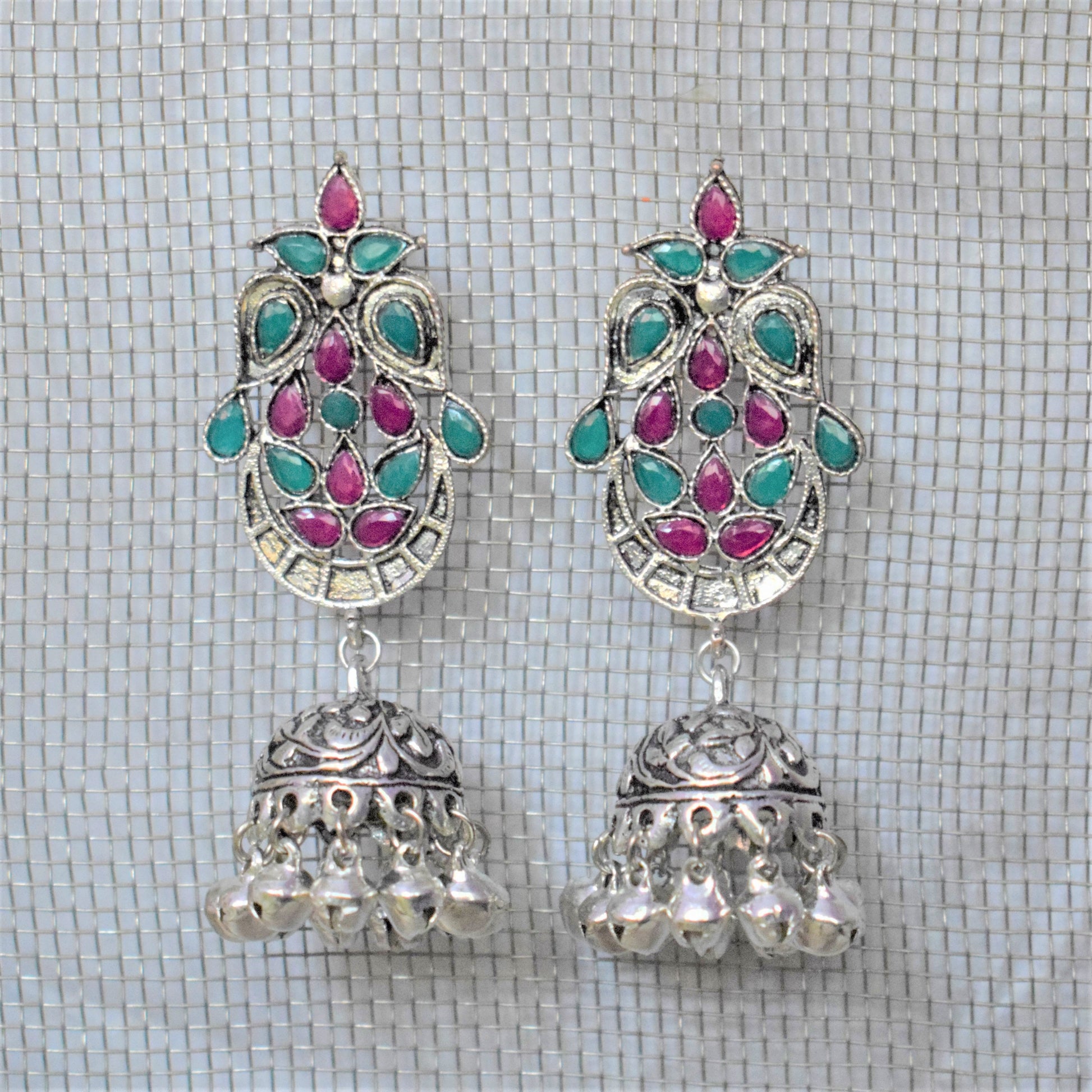 German Silver Gemstone Carved Jhumka with Ghungroo - GlitterGleam