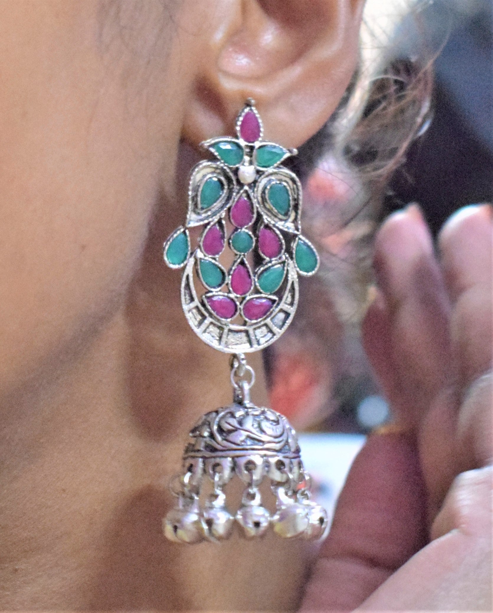 German Silver Gemstone Carved Jhumka with Ghungroo - GlitterGleam