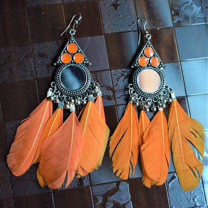Meenakari Mirror Feather Tassel Earrings - GlitterGleam