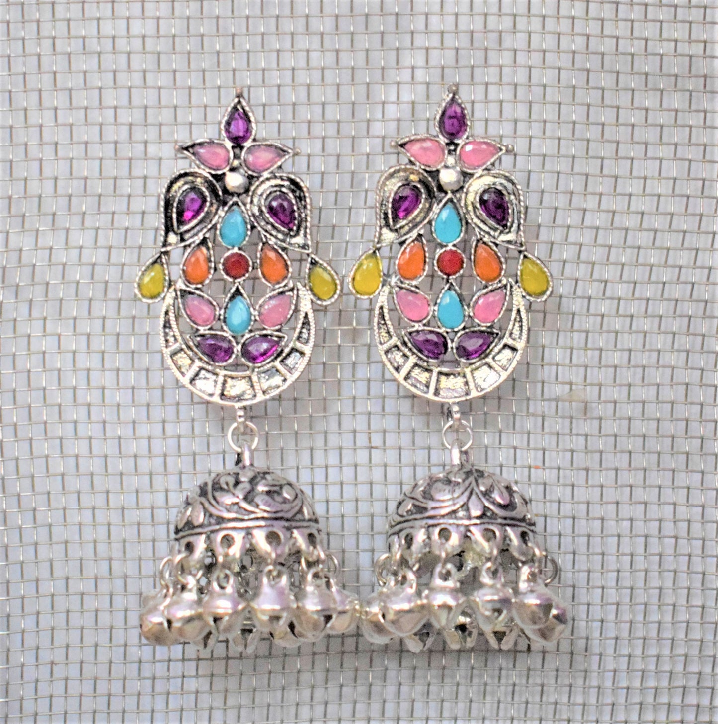 German Silver Gemstone Carved Jhumka with Ghungroo - GlitterGleam