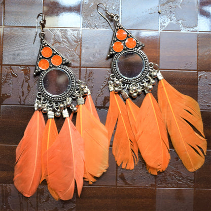 Meenakari Mirror Feather Tassel Earrings - GlitterGleam