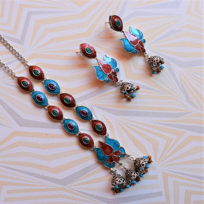 German Silver Lotus Eye Afghani Choker Necklace with Earrings - GlitterGleam