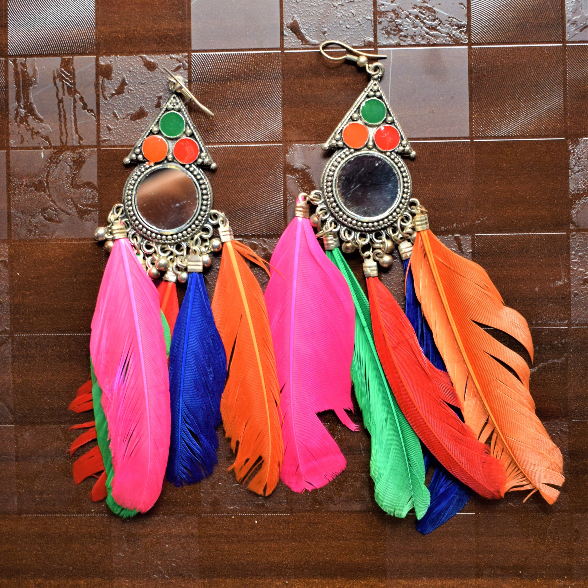 Meenakari Mirror Feather Tassel Earrings - GlitterGleam