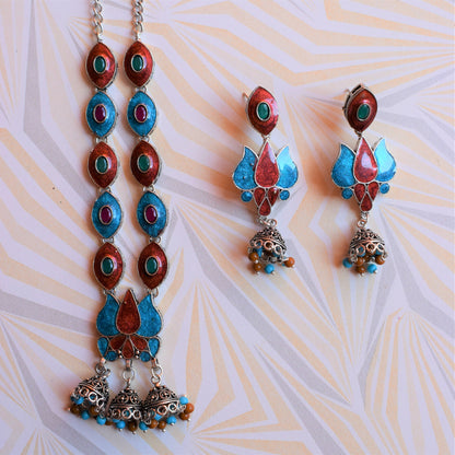 German Silver Lotus Eye Afghani Choker Necklace with Earrings - GlitterGleam