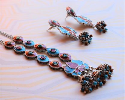 German Silver Lotus Eye Afghani Choker Necklace with Earrings - GlitterGleam