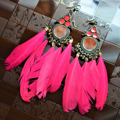 Meenakari Mirror Feather Tassel Earrings - GlitterGleam