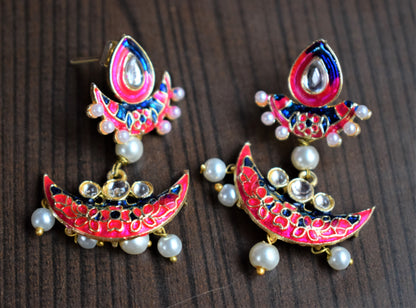 Small Kundan and Meenakari Pearl Chandbali Earrings - GlitterGleam