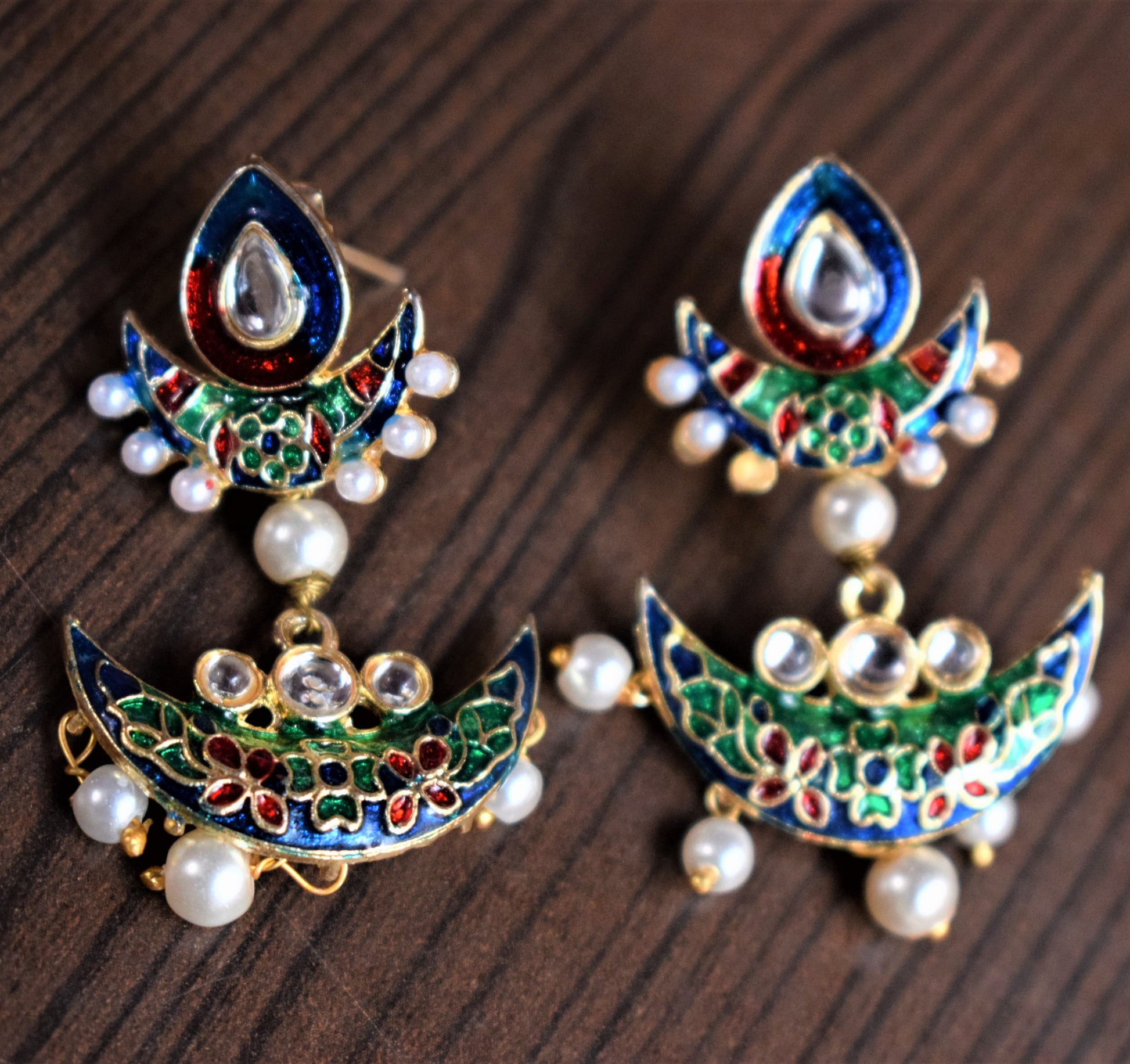 Small Kundan and Meenakari Pearl Chandbali Earrings - GlitterGleam