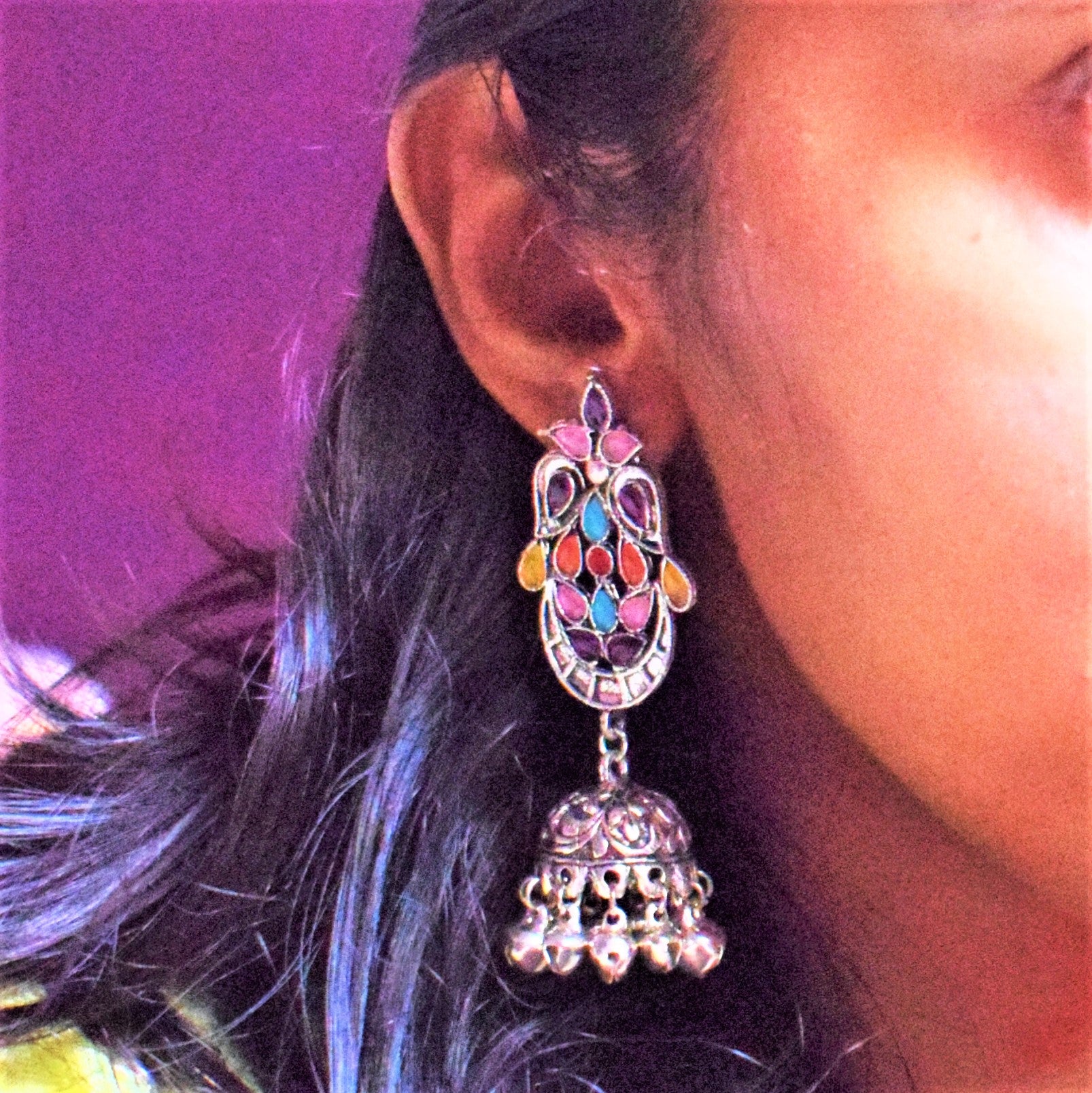 German Silver Gemstone Carved Jhumka with Ghungroo - GlitterGleam