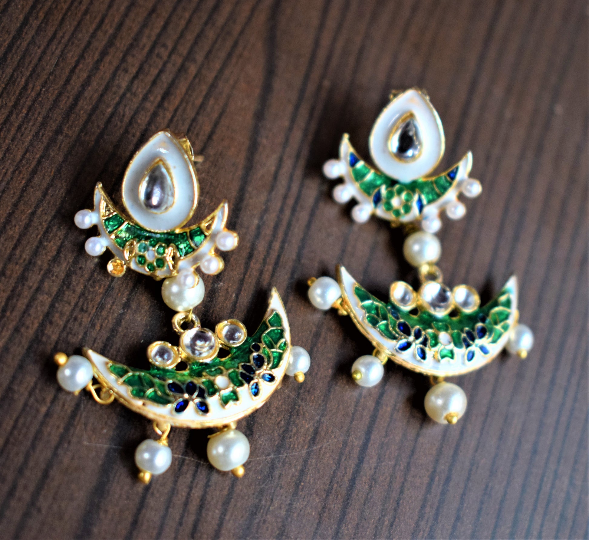 Small Kundan and Meenakari Pearl Chandbali Earrings - GlitterGleam