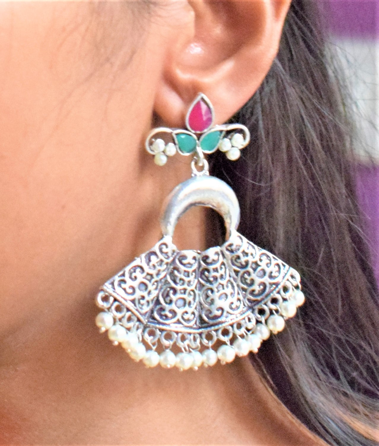 Designer German Silver Carved Hanging Challa Earring - GlitterGleam