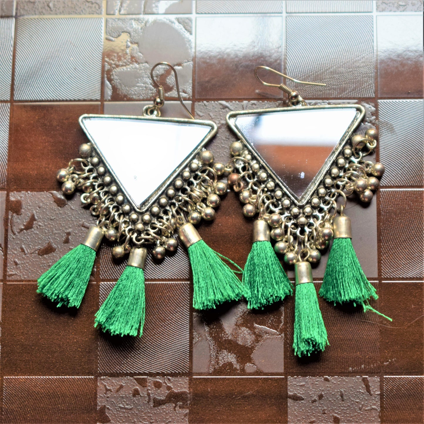 Silver Oxidised Triangular Mirror Tassel Earring - GlitterGleam