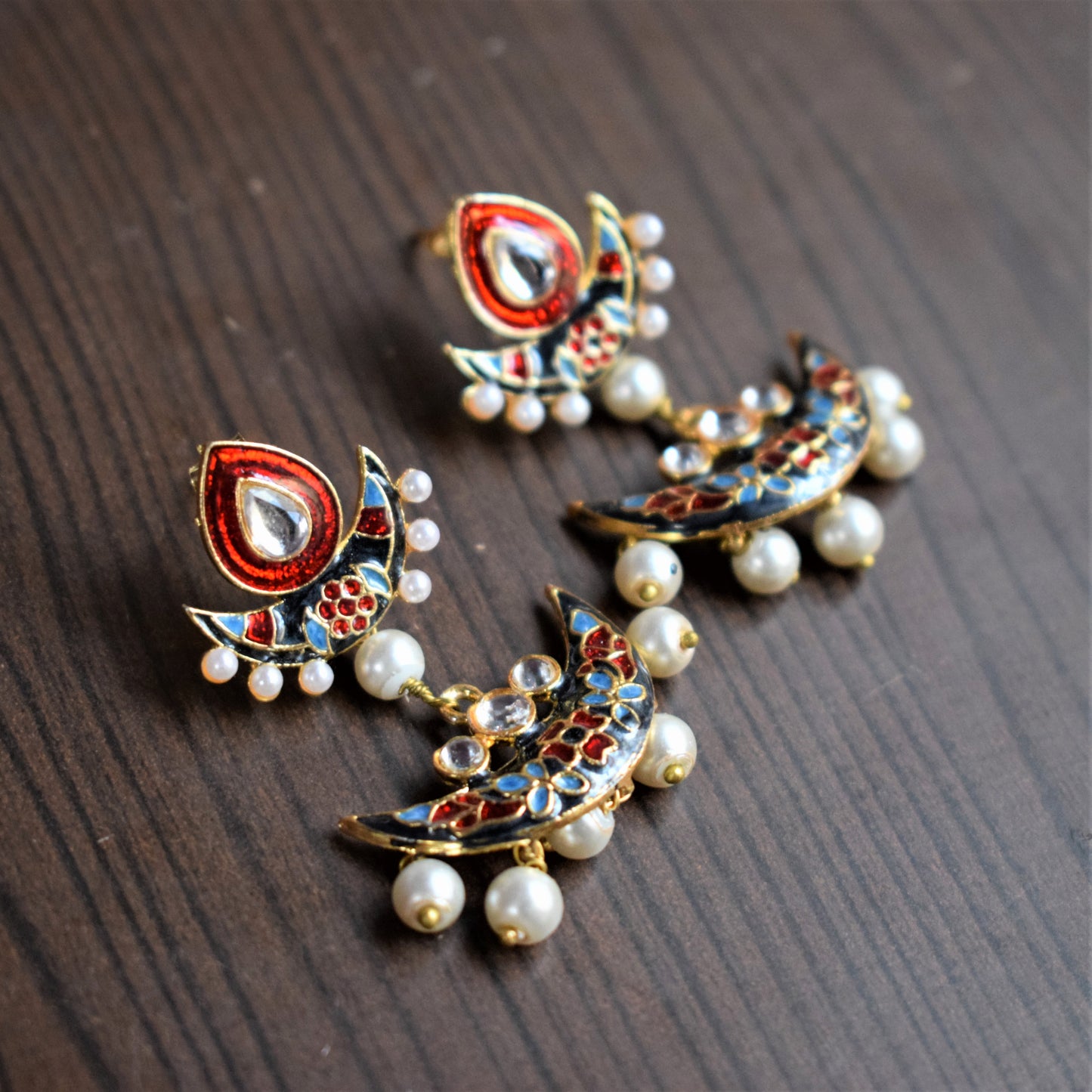 Small Kundan and Meenakari Pearl Chandbali Earrings - GlitterGleam