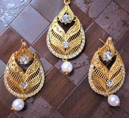 Golden Leaf Pearl Earring and Maang Tikka Set - GlitterGleam