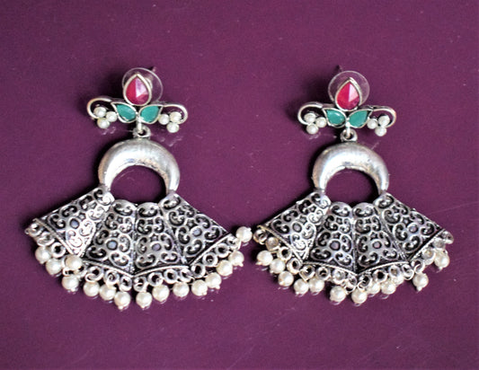 Designer German Silver Carved Hanging Challa Earring - GlitterGleam