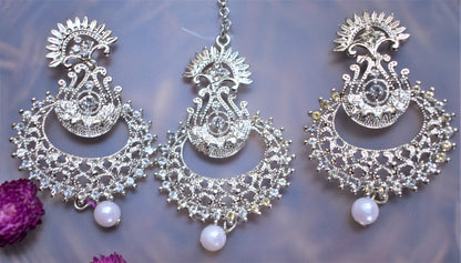 Silver Golden Chandbali Earring and Maang Tikka Set - GlitterGleam