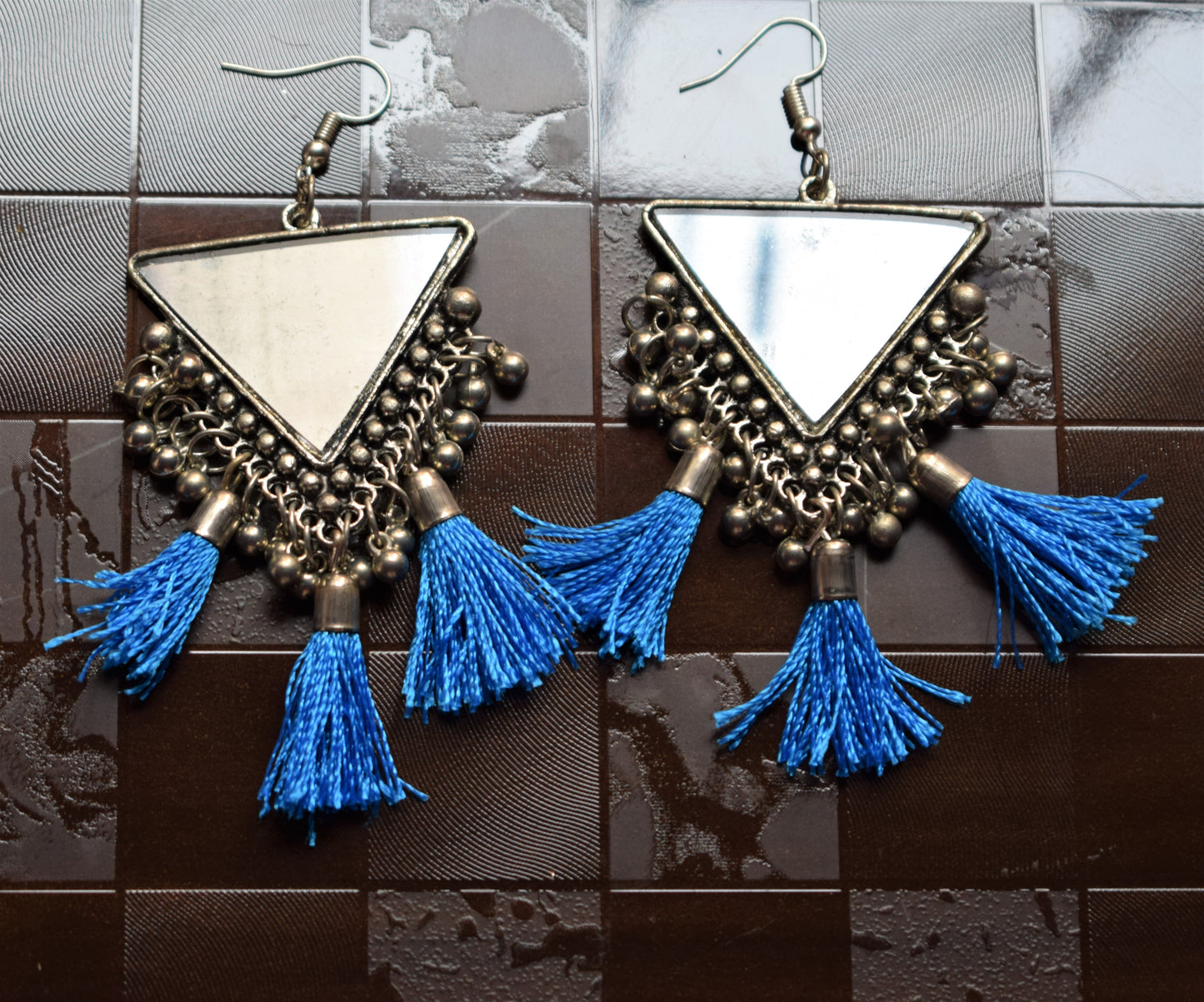 Silver Oxidised Triangular Mirror Tassel Earring - GlitterGleam