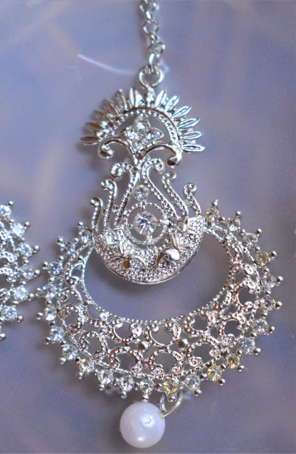 Silver Golden Chandbali Earring and Maang Tikka Set - GlitterGleam