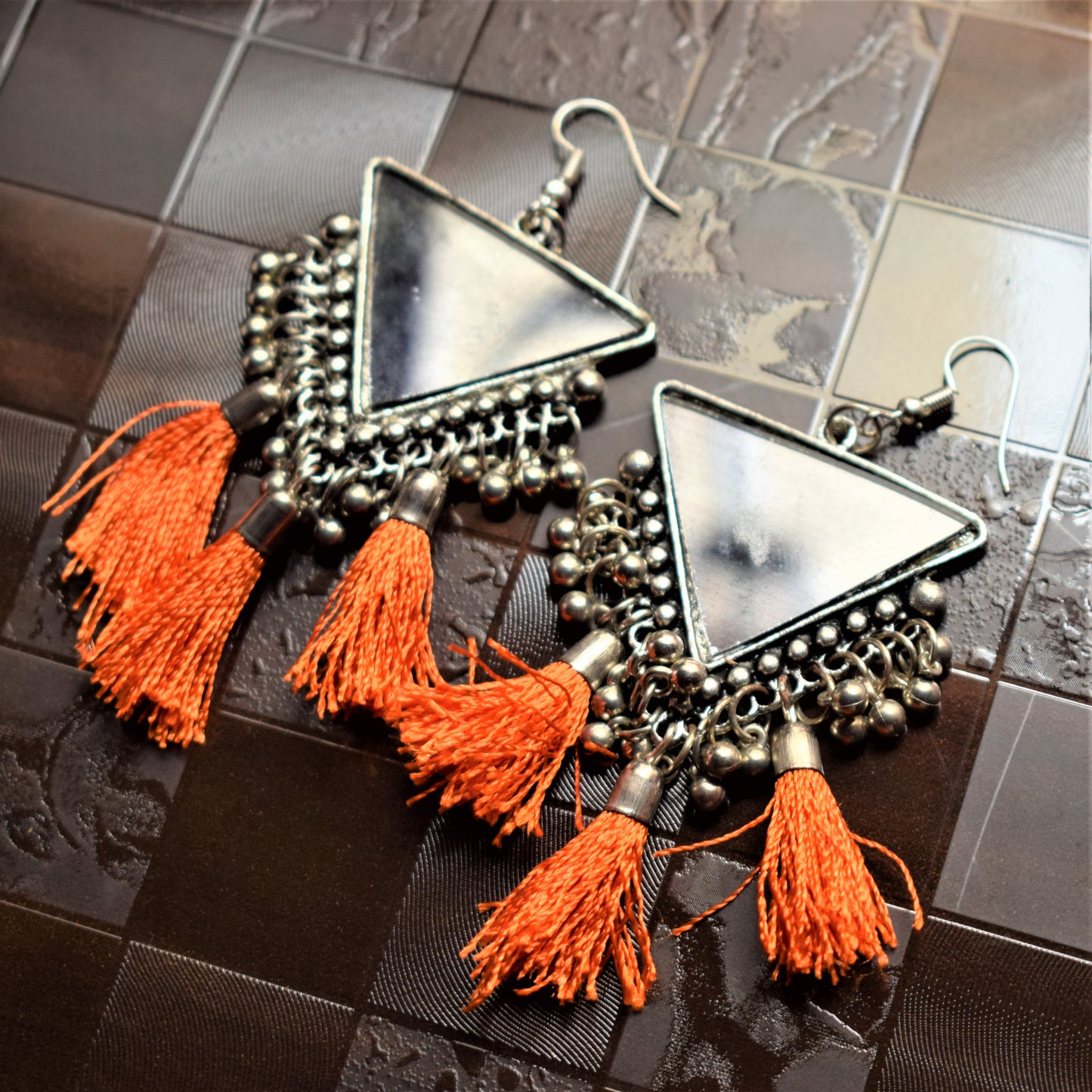 Silver Oxidised Triangular Mirror Tassel Earring - GlitterGleam