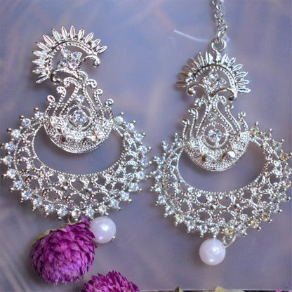 Silver Golden Chandbali Earring and Maang Tikka Set - GlitterGleam