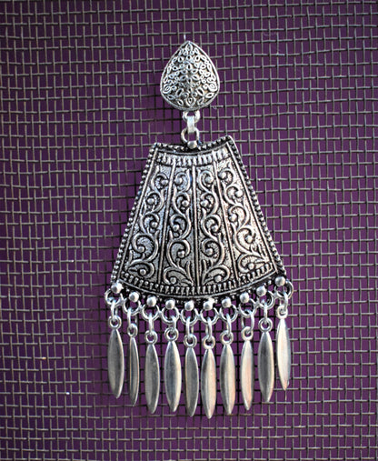 Silver Oxidised Carved Drop Earrings - GlitterGleam