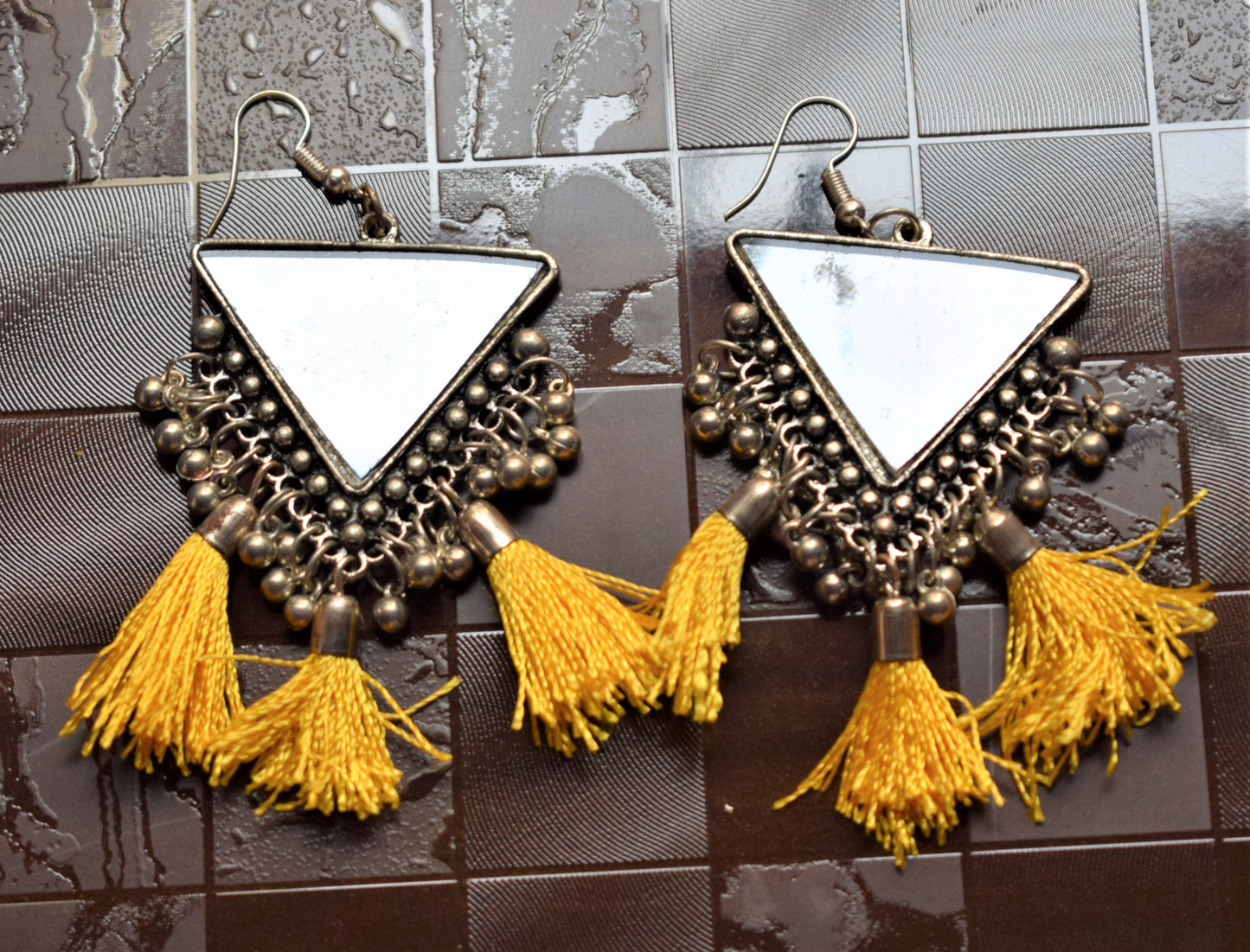 Silver Oxidised Triangular Mirror Tassel Earring - GlitterGleam