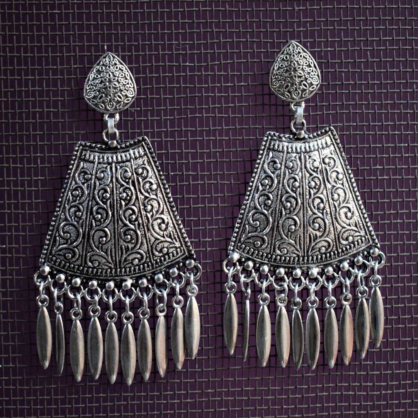 Silver Oxidised Carved Drop Earrings - GlitterGleam
