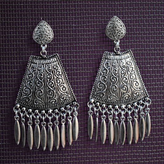 Silver Oxidised Carved Drop Earrings - GlitterGleam