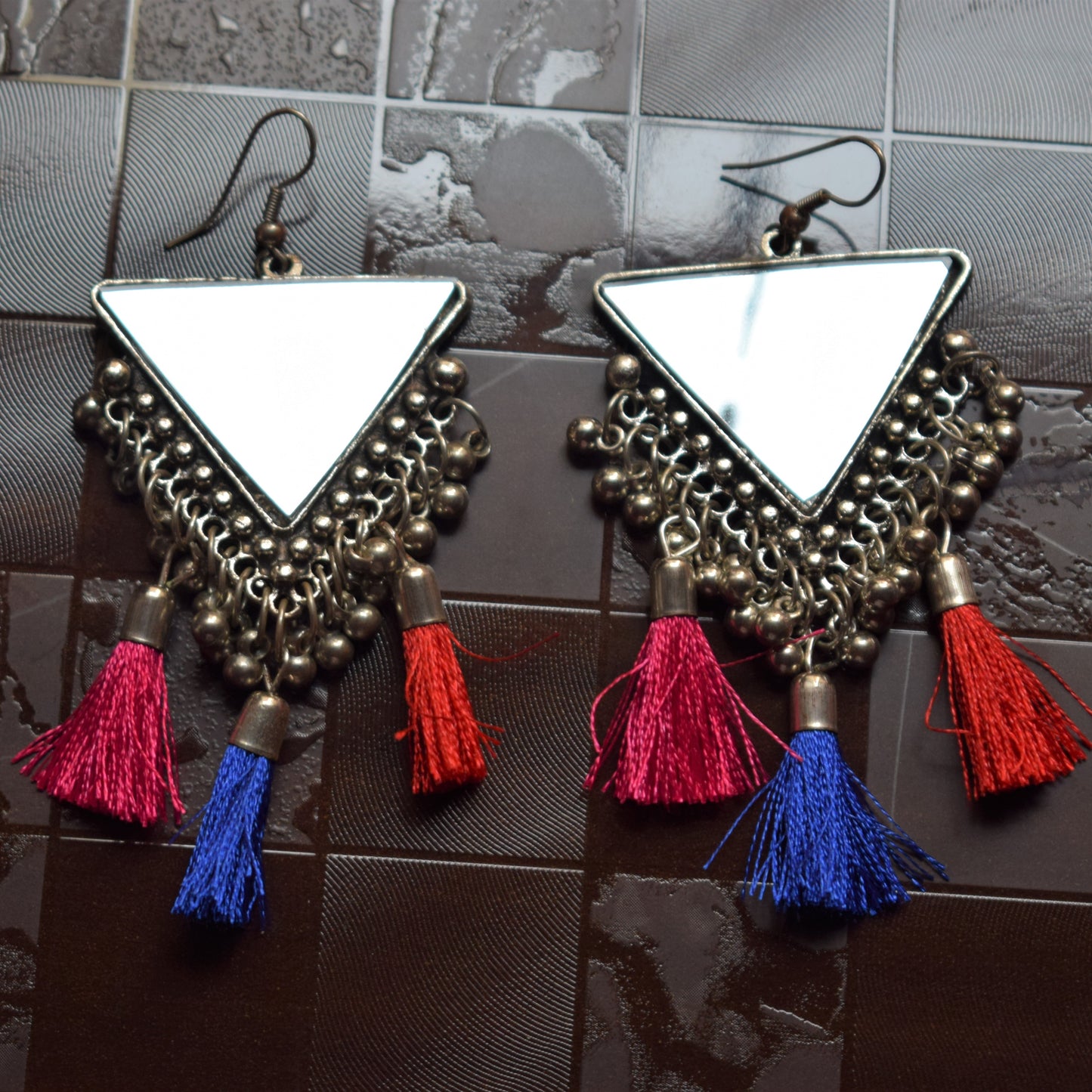 Silver Oxidised Triangular Mirror Tassel Earring - GlitterGleam