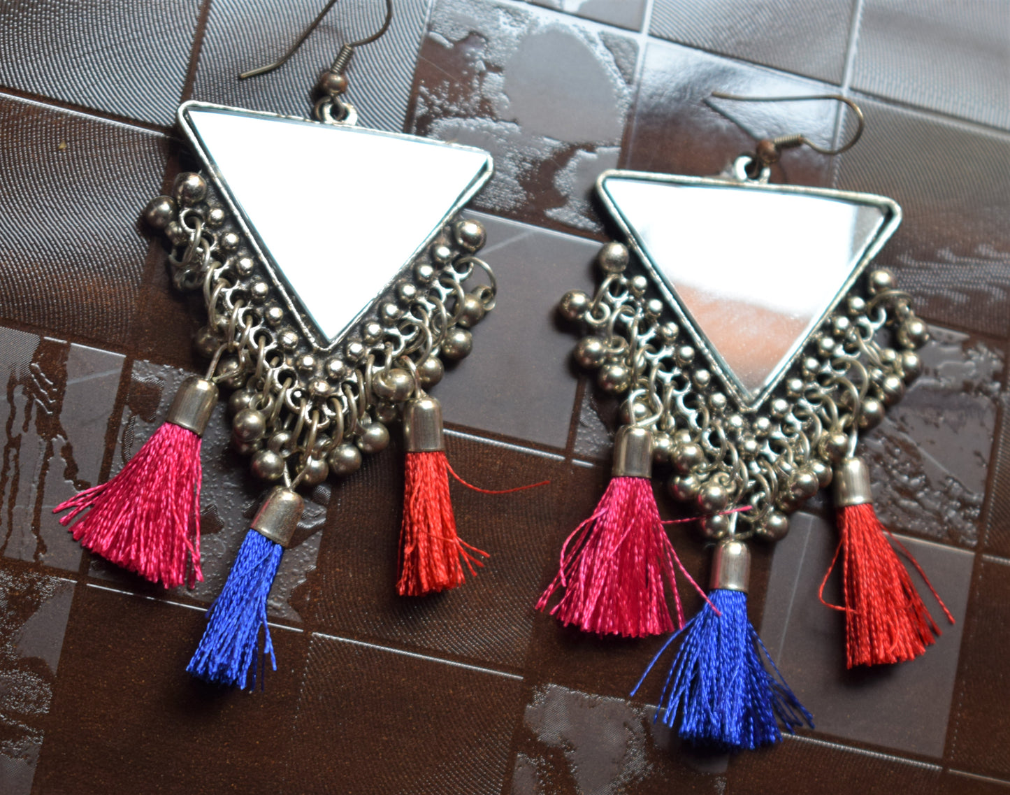 Silver Oxidised Triangular Mirror Tassel Earring - GlitterGleam